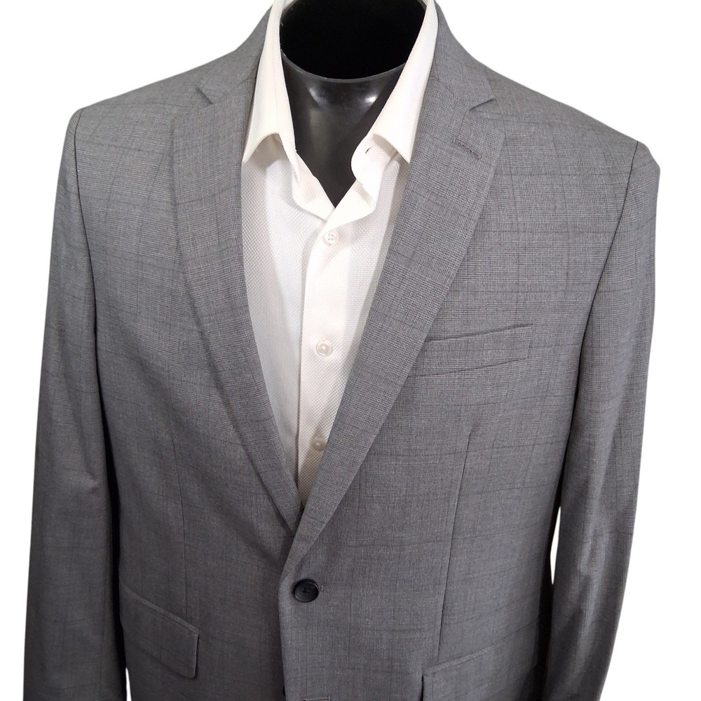 J.M. Haggar Blazer Men 44R Light Gray Glen Plaid Slim Fit Two Button Double Vent